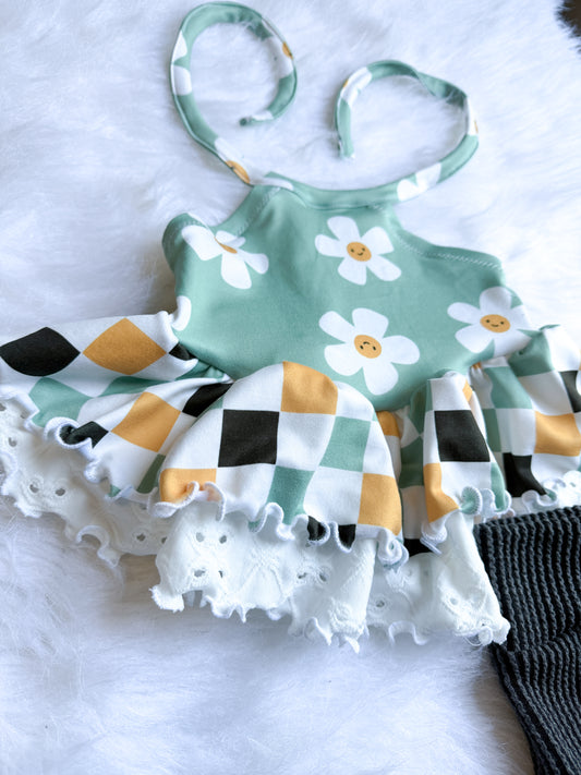 Olive halter (double ruffle) + bummie 9-12