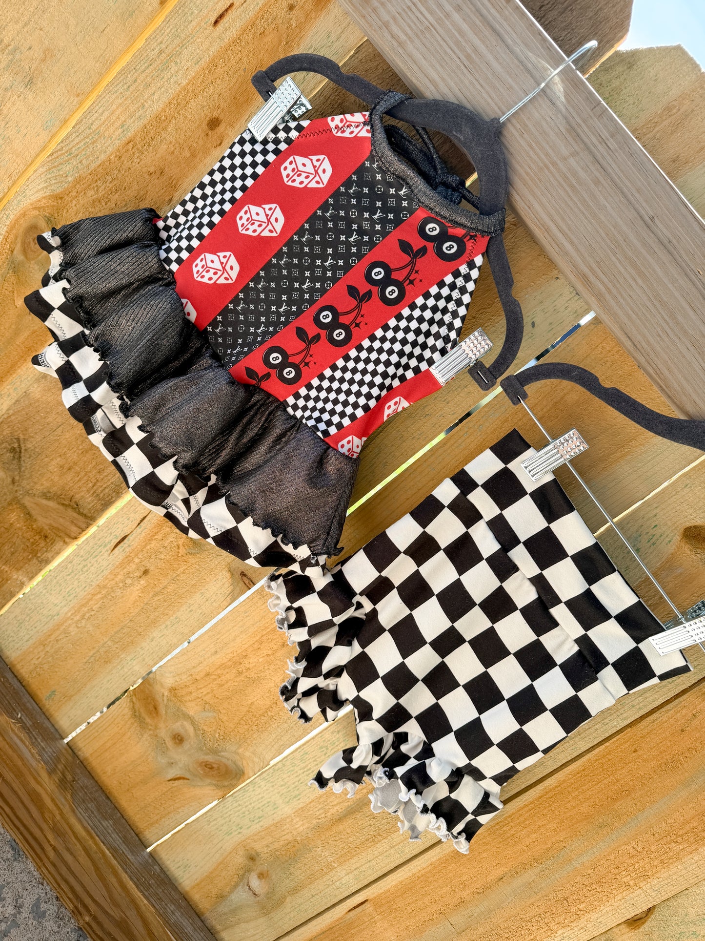 Olive halter (double ruffle) + ruffle bummie 4T