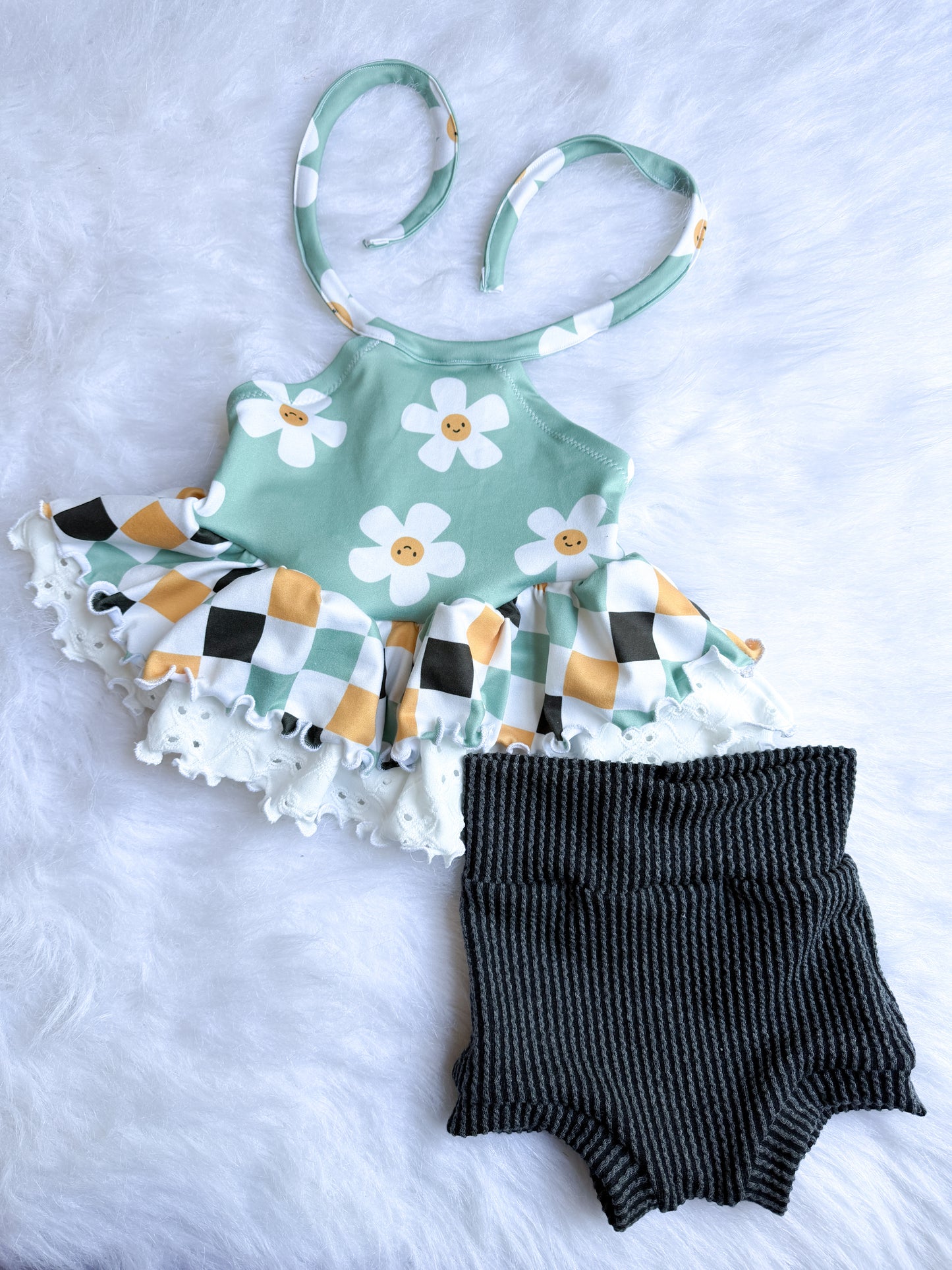 Olive halter (double ruffle) + bummie 9-12
