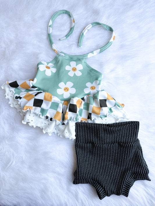 Olive halter (double ruffle) + bummie 9-12