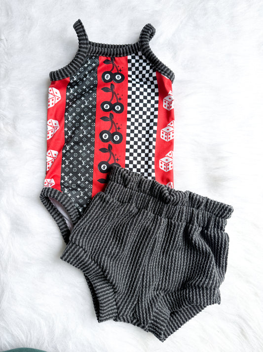 Cami bodysuit + paperbag shorties 6-9